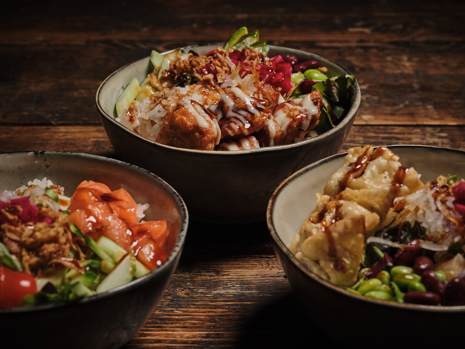 Eine Auswahl an frisch zubereiteten, asiatischen Bowls mit gesunden Zutaten von Topden in Zürich – ideal für den schnellen Take-Away oder als Highlight für Ihr nächstes Event-Catering.