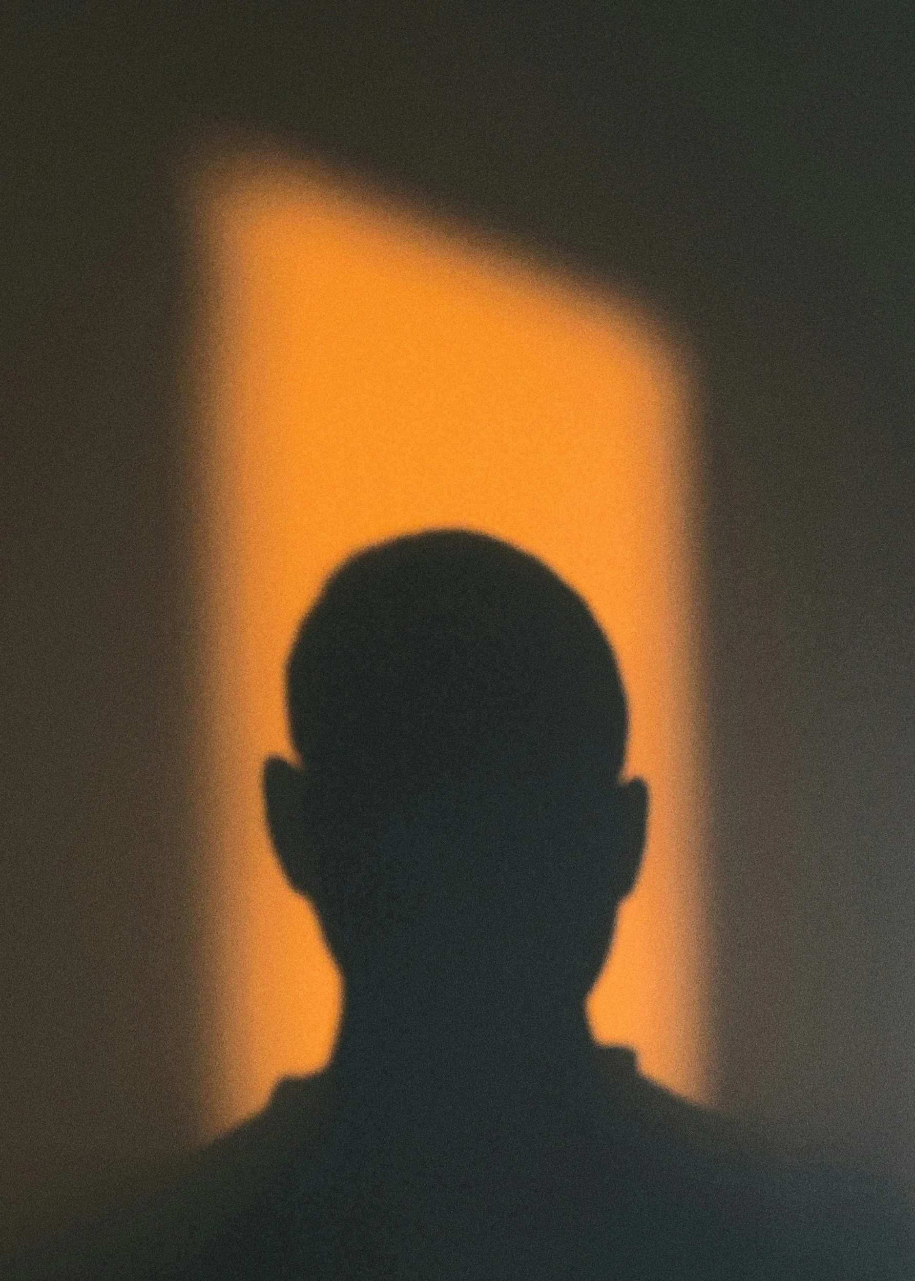 A shadow of a person's head and shoulders projected onto a wall with a burning candle in the background.