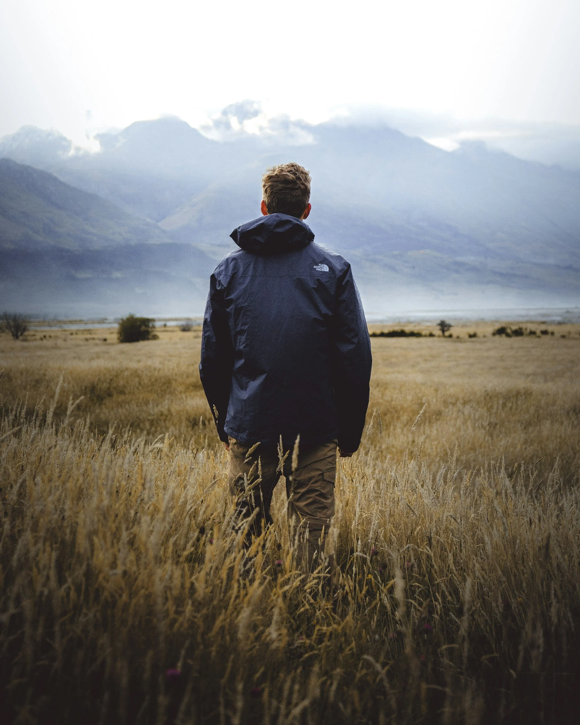 A person in outdoor clothing walking through a golden grassy field towards distant mountains under a cloudy sky.