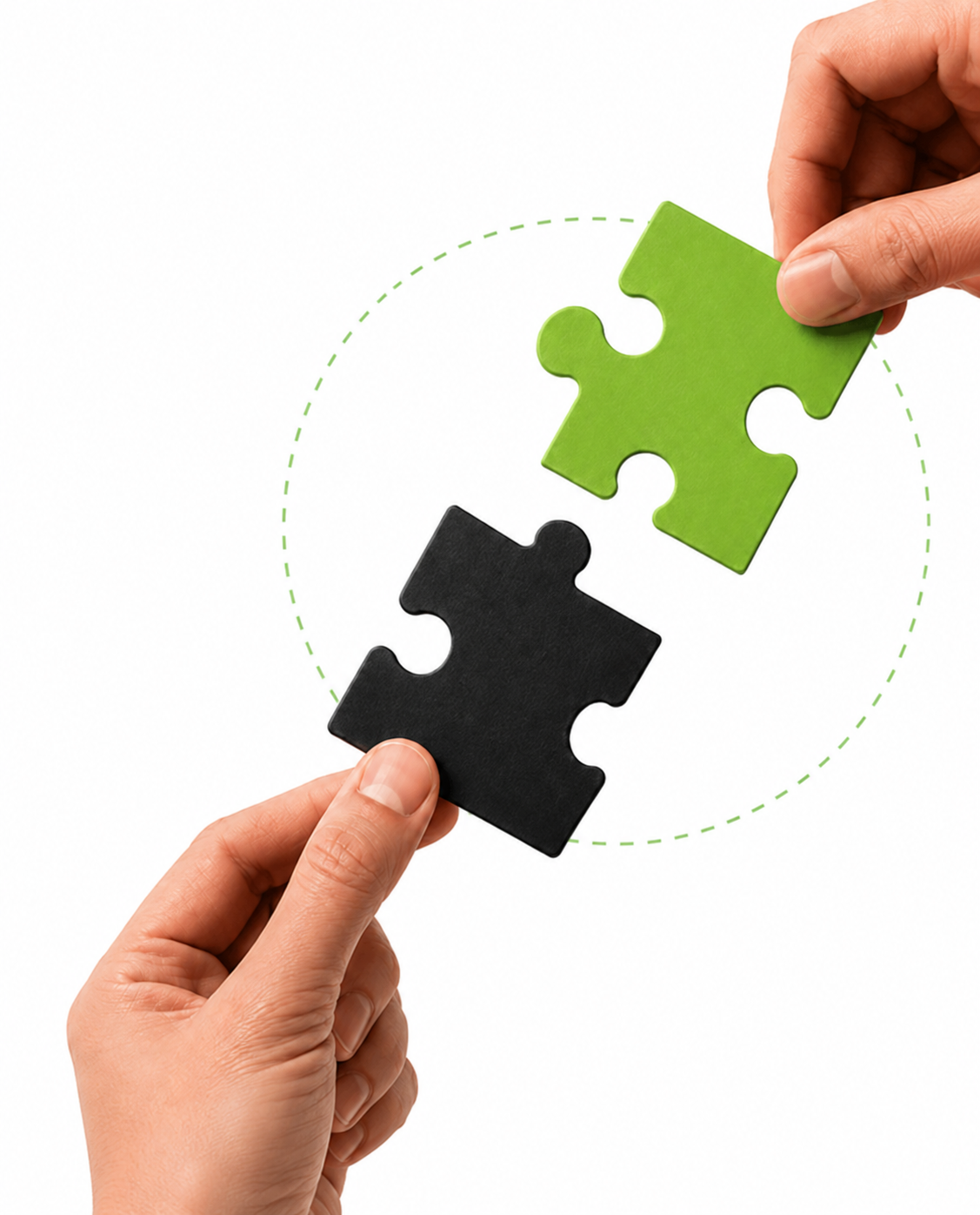 Two hands holding puzzle pieces, one black and one green, against a white background with a dashed green circle.