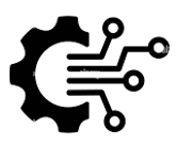 A stylized gear with circuit lines extending from it, representing transformation.