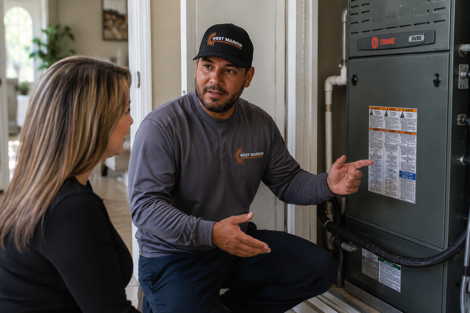 West Marion Air Conditioning & Heating technician explaining HVAC system service options to a homeowner in Ocala, Florida.