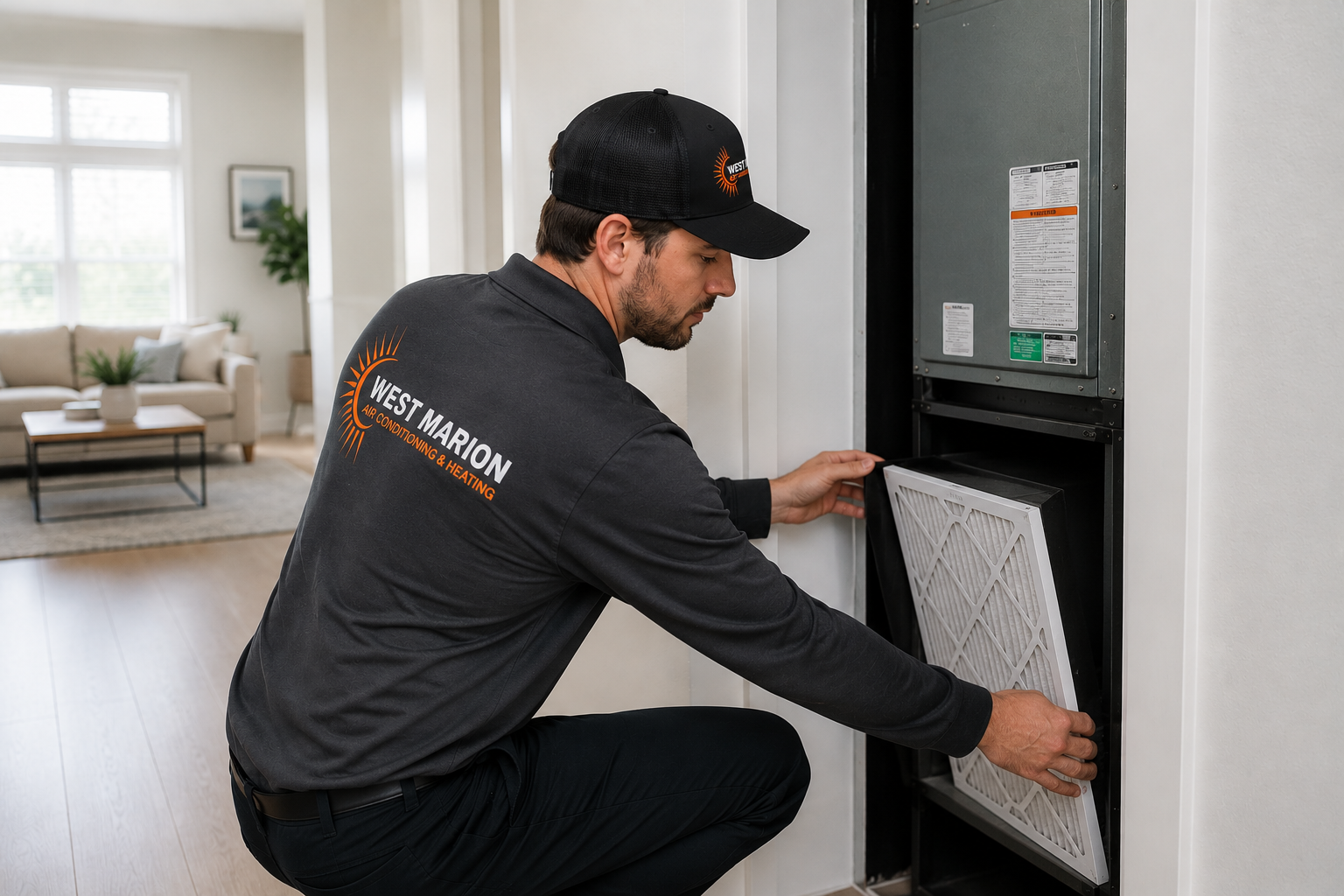West Marion Air Conditioning & Heating technician replacing a residential HVAC air filter during routine maintenance service in Florida.