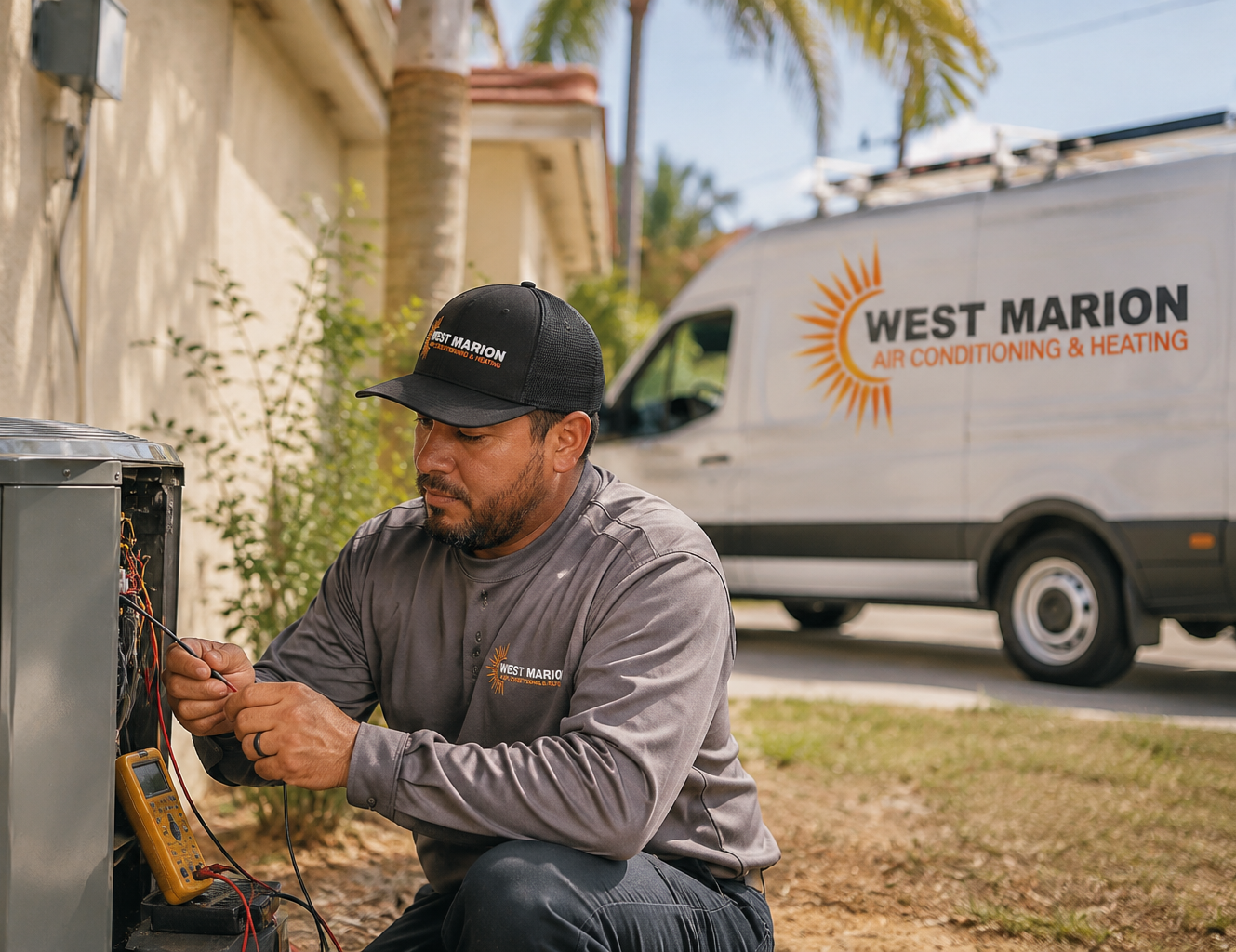 West Marion Air Conditioning & Heating technician repairing a residential AC unit in Ocala, Florida.