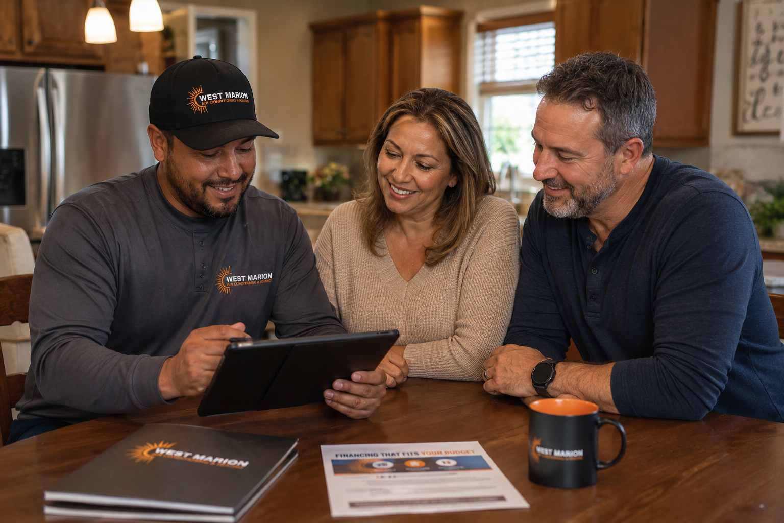 West Marion Air Conditioning & Heating technician discussing HVAC financing options with homeowners in Ocala, Florida.