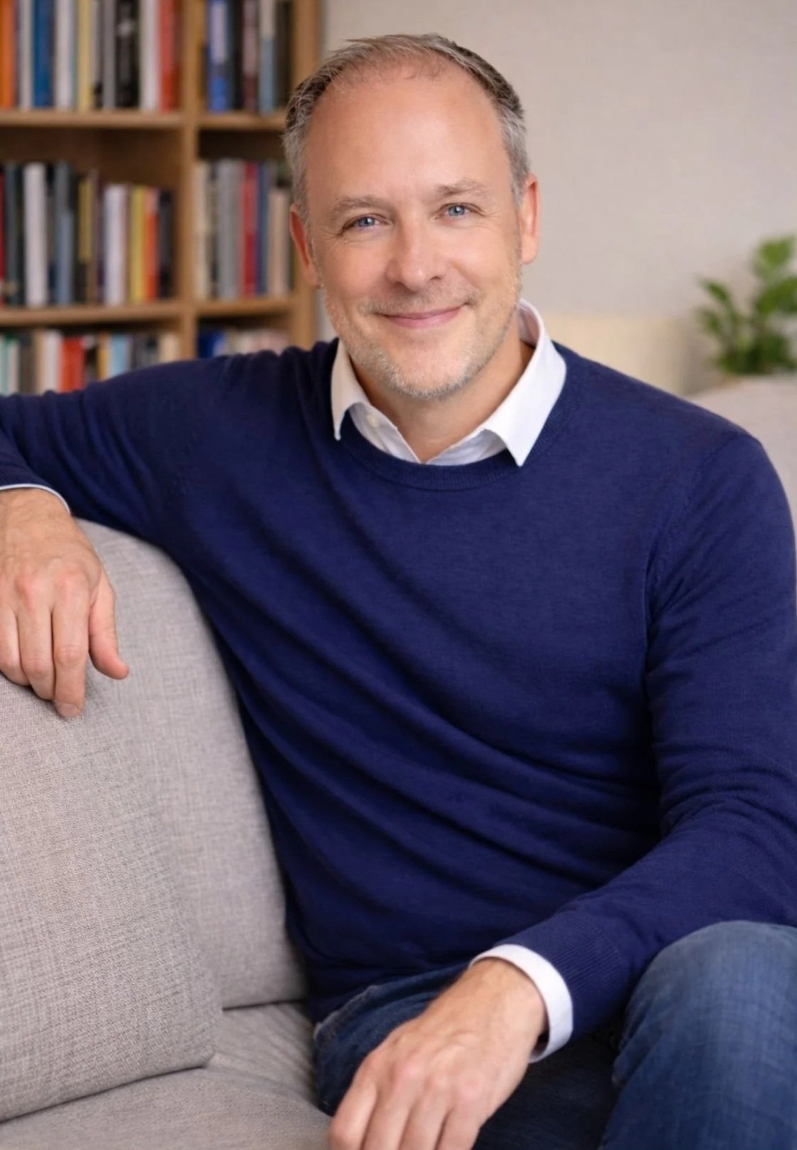 Charles Taylor, therapist in Redondo Beach, California, with gray hair and a beard, wearing a navy blue sweater over a white collared shirt, sitting on a beige couch in a living room with a bookshelf in the background and a green potted plant.
