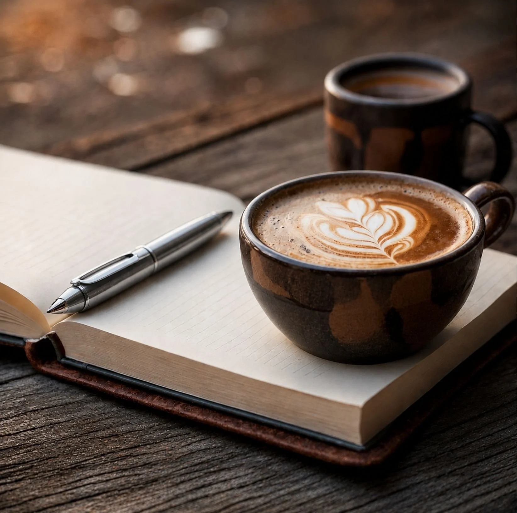 A notebook with lined pages, a silver pen resting on top, a cup of coffee with latte art, and another empty cup in the background, all placed on a wooden surface.