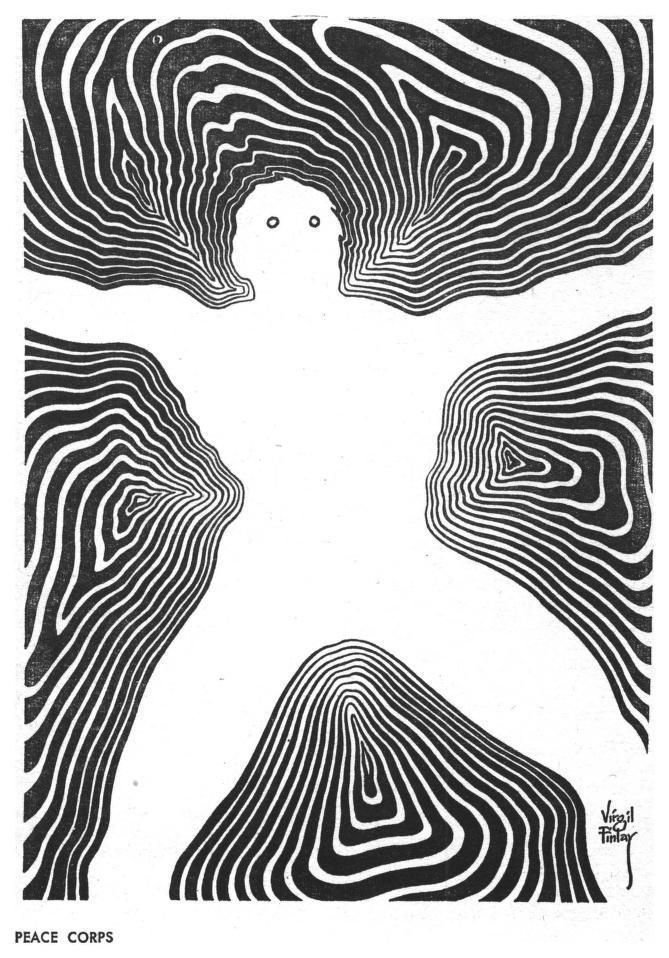 Optical illusion of a peace sign created with concentric black and white lines, with a face visible at the top of the peace symbol and the text 'PEACE CORPS' at the bottom left corner.