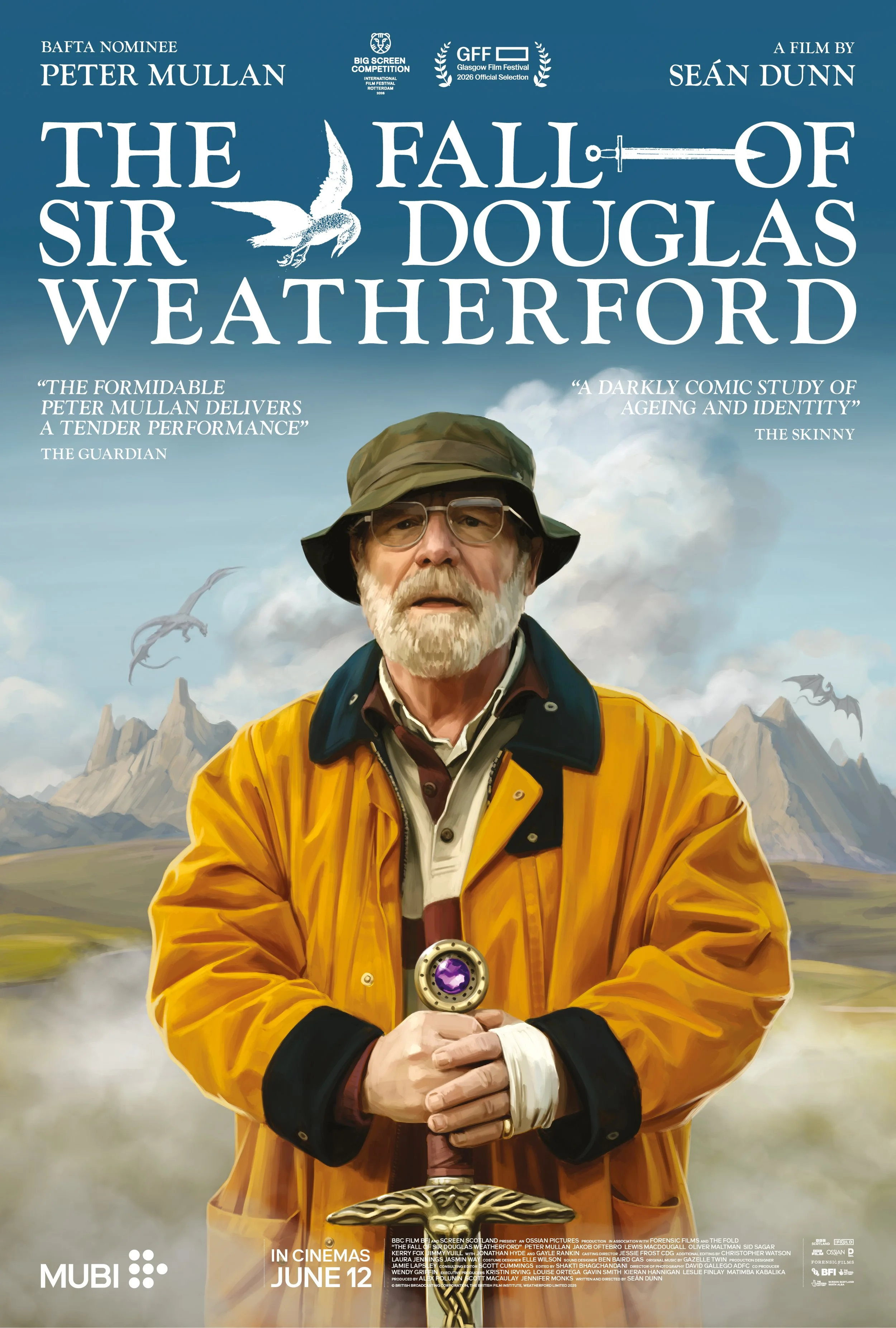 Movie poster for 'The Fall of Sir Douglas Weatherford' featuring an older man with white hair, glasses, and a beard, wearing a yellow jacket and holding a mystical staff, set against a mountain landscape with flying dragons and clouds.