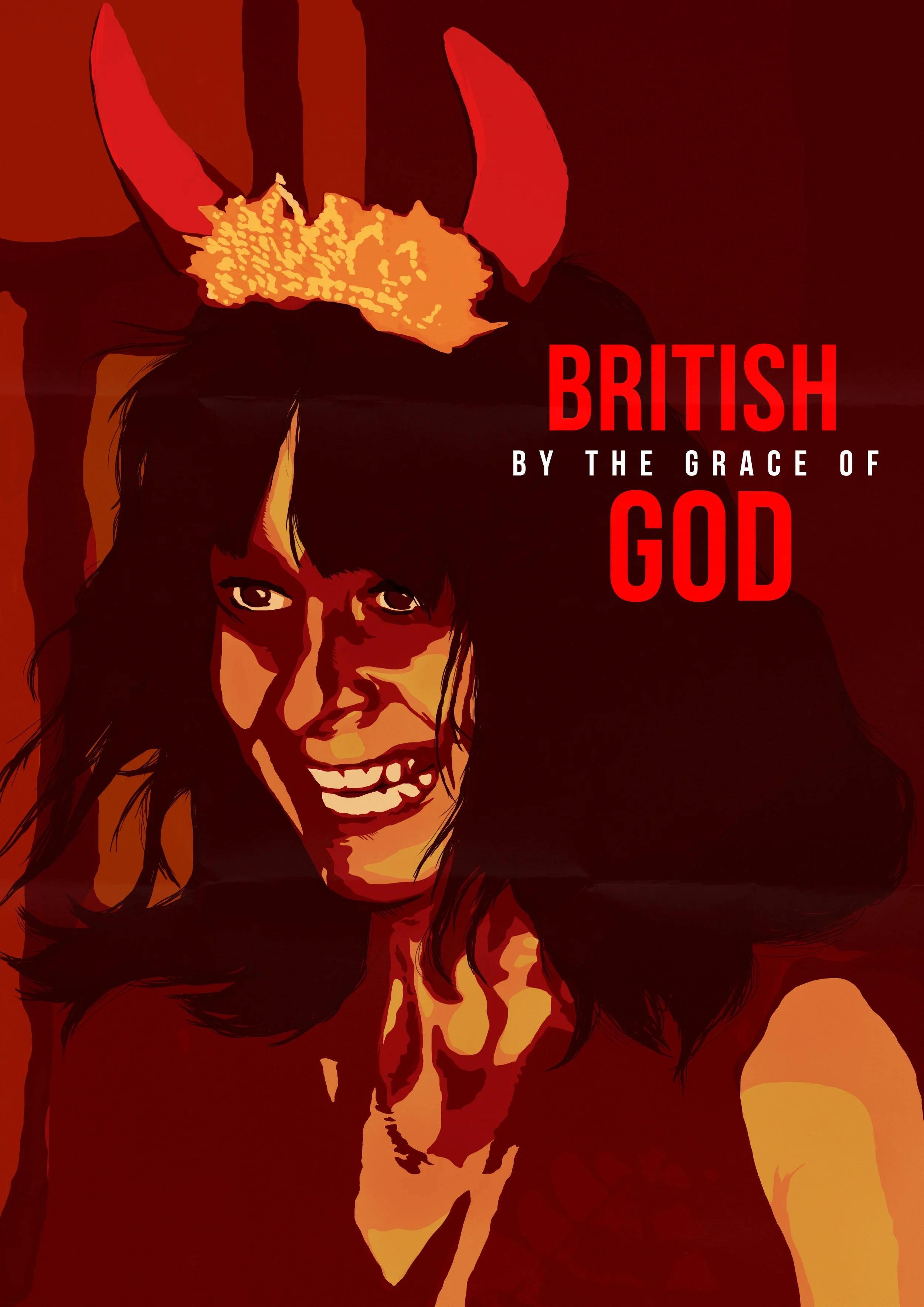 Stylized illustration of a woman with dark hair and red lips, wearing a black top, with the text 'British by the Grace of God' in red and white.
