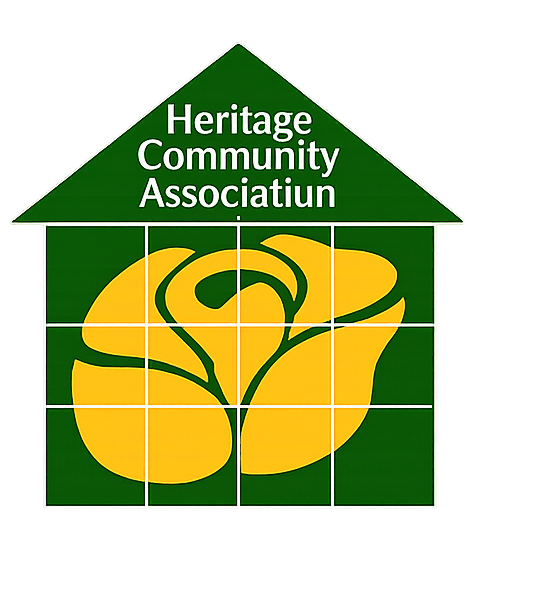 Logo of Heritage Community Association featuring a green house with a yellow rose in a grid pattern inside.