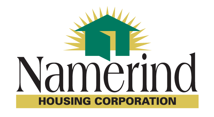 Logo of Namerind Housing Corporation with a green house and yellow rays behind it, and the organization's name below