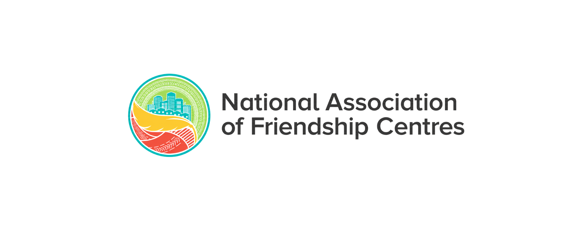 Logo for the National Association of Friendship Centres featuring a circular emblem with a cityscape, green hill, yellow pathway, and red ground, alongside the organization's name.