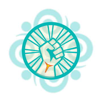 A stylized graphic of a clenched fist inside a clock with clock hands, surrounded by abstract circular shapes in blue and yellow colors.