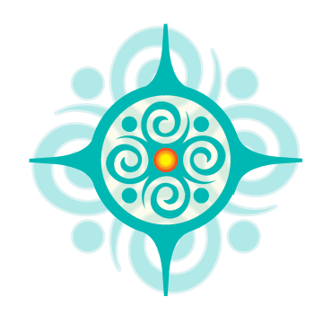 Abstract symmetrical design with a central yellow circle, surrounded by light blue swirls and petal-like shapes.