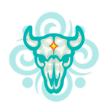 A stylized skull with loons and decorative swirls in teal, white, and yellow, resembling a tattoo or graphic design.