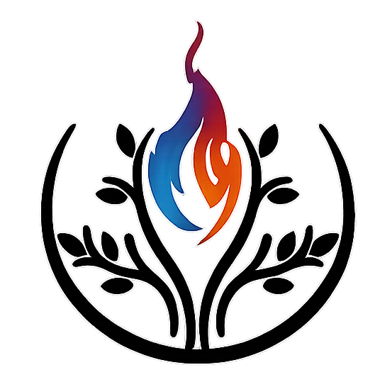 A stylized logo featuring a multicolored flame rising from a black tree with white outlines and branches, enclosed within crescent shapes.