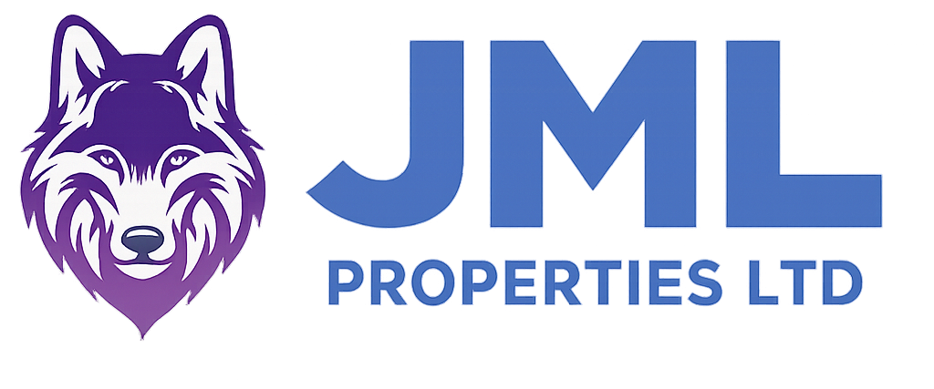Logo for JML Properties Ltd featuring a stylized wolf head and blue text.