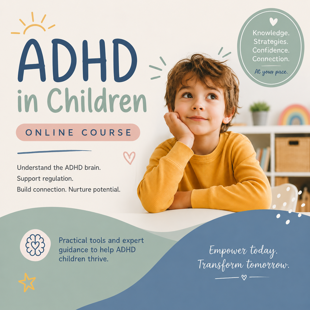Advertisement for an online course on ADHD in children, featuring a young boy resting his head on his hand, with text about understanding the ADHD brain, support, and connection.