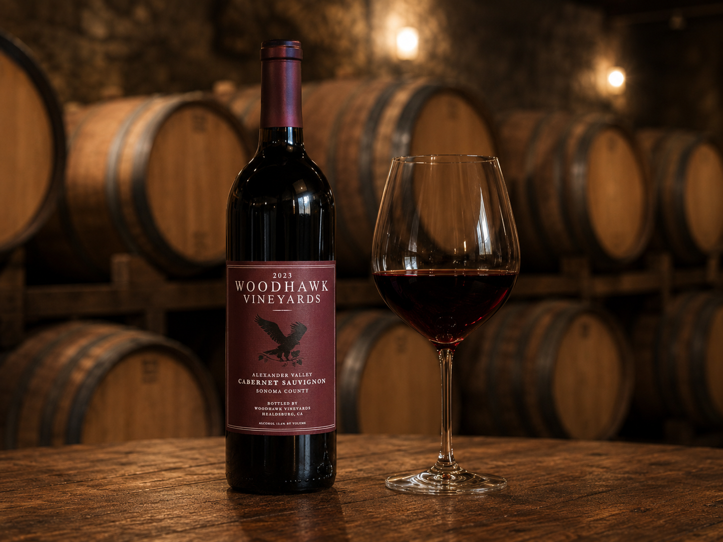 Wine bottle and glass in a barrel room