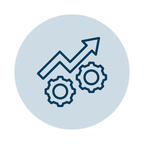 Icon of an upward trending graph with two gears, representing growth and processes.