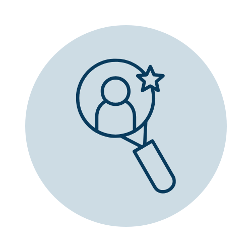 Icon of a person with a magnifying glass and star, representing profile search or discovery.