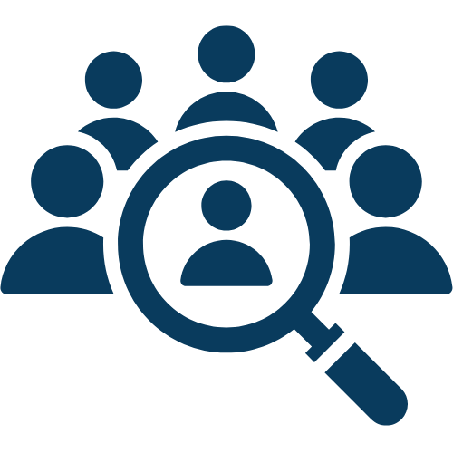 Graphic of a group of people with a magnifying glass focusing on one individual, representing searching or hiring.