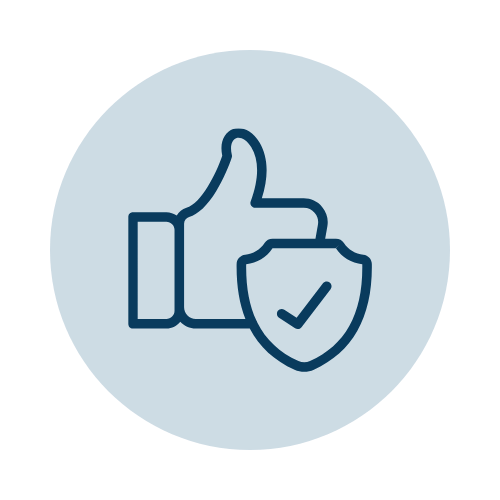 Thumbs up icon with a shield and check mark, representing approval or protection.