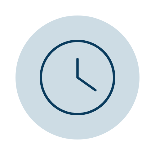 An icon of a clock with a round face and simple hands, inside a solid blue circle.