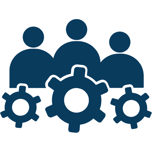 Icon of three people and three gears representing teamwork and collaboration.