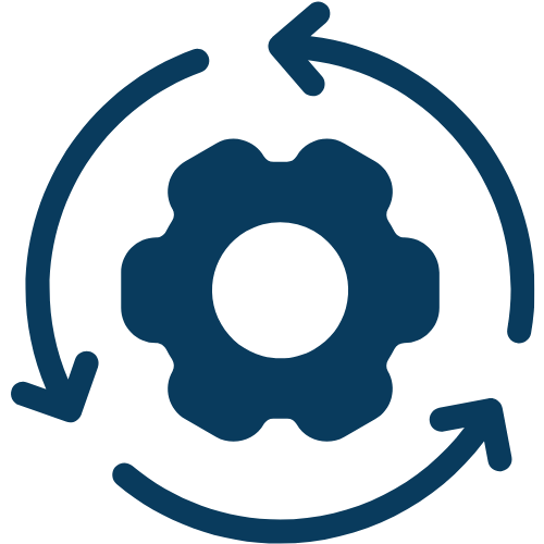 Gear surrounded by a circular arrow representing a process or cycle.
