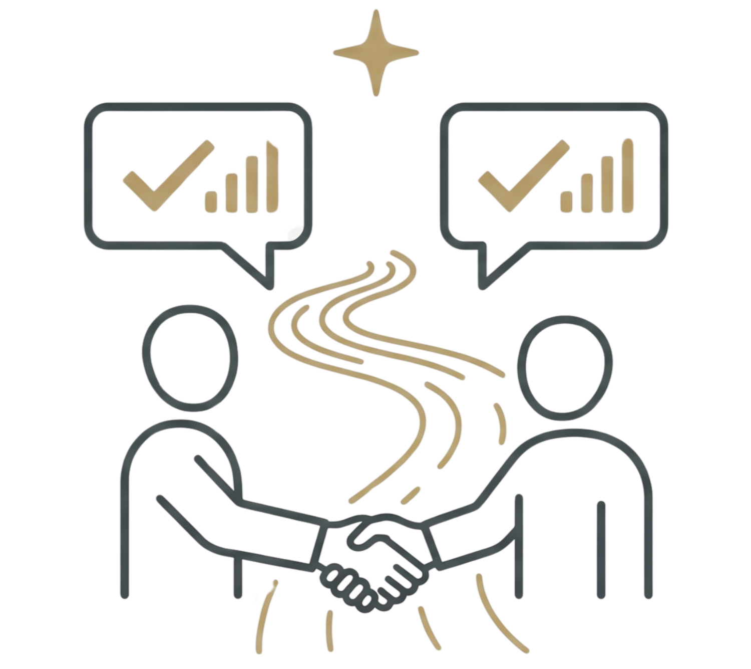 Illustration of two people shaking hands, with financial charts in speech bubbles above them, and a star symbol above the charts, representing agreement or partnership.