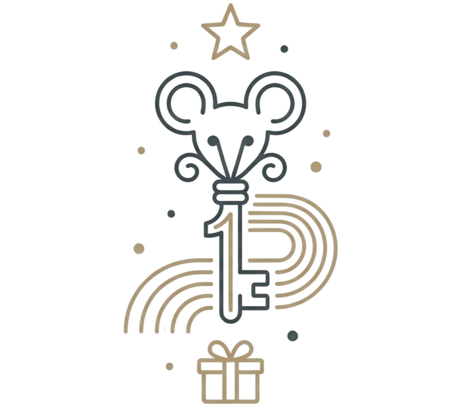 A creative digital illustration combining a mouse-shaped head with a light bulb filament, a star at the top, rainbow-colored arcs, and a gift box at the bottom, symbolizing ideas, creativity, and celebration.