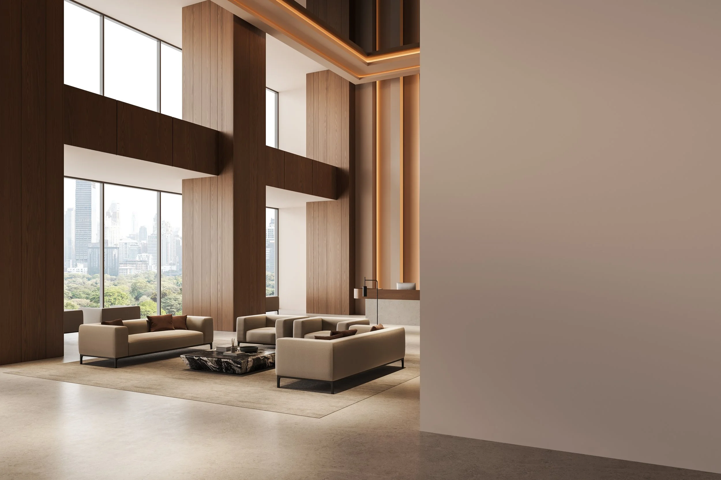 Modern hotel lobby with beige sofas, a marble coffee table, large windows revealing city skyline, wooden wall accents, and warm lighting.