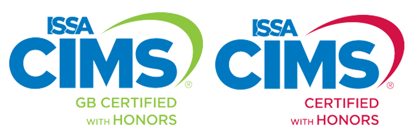 The image contains two logos of ISSA CIMS certifications, one labeled 'GB Certified with Honors' in green, and the other labeled 'Certified with Honors' in red.