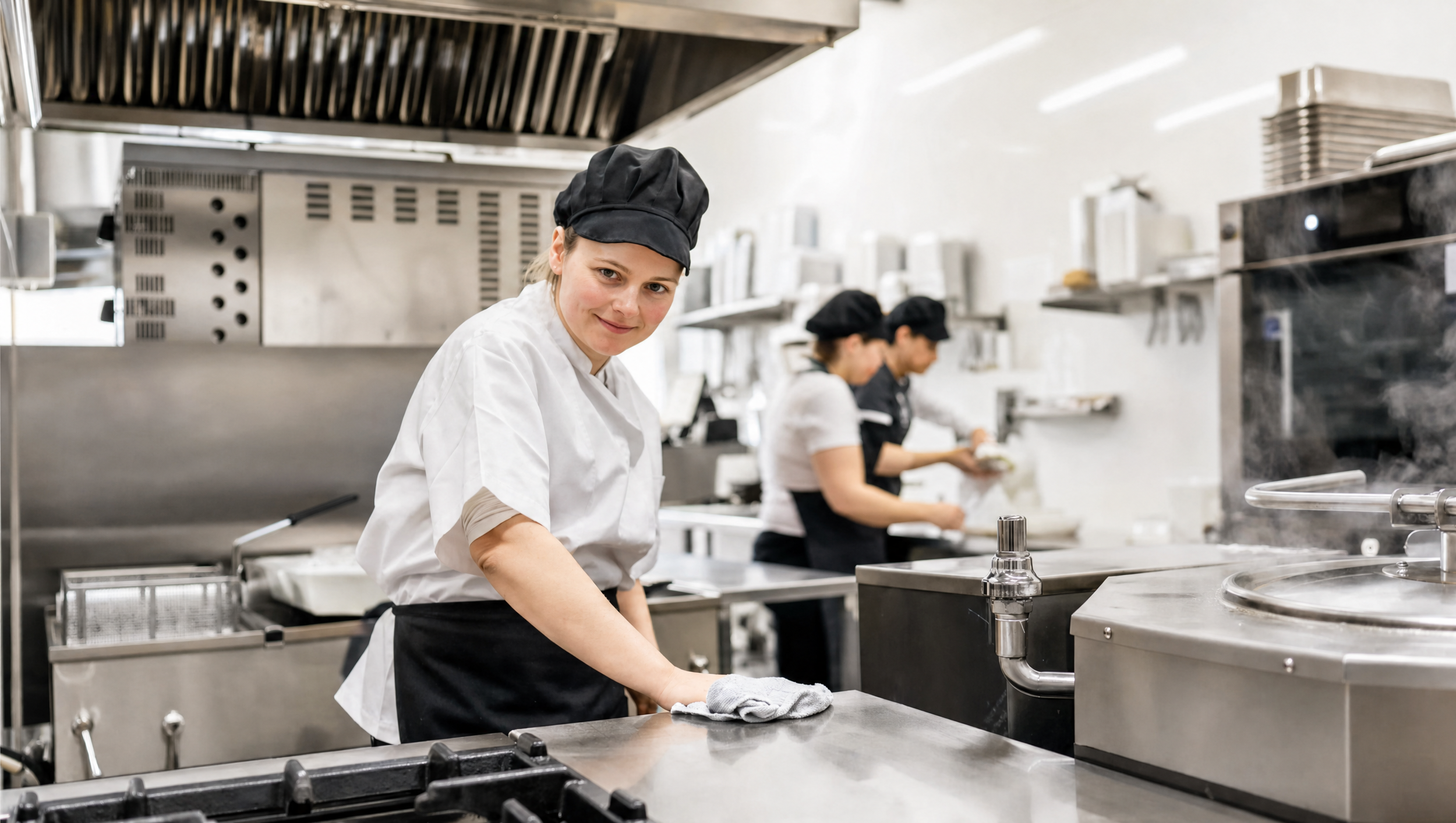 A female chef in a white uniform and black chef's hat cleaning a countertop in a professional kitchen, with other staff working in the background.