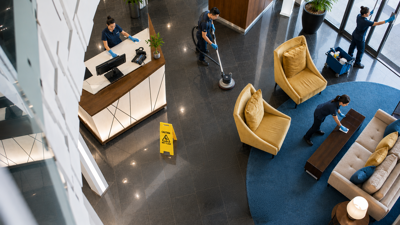 A hotel lobby with three cleaning staff wearing blue uniforms and blue gloves cleaning the furniture and glass doors. One staff is using a floor cleaning machine, while others are wiping tables and surfaces. There is a yellow 'Caution Wet Floor' sign on the black tiled floor. The lobby includes a reception desk, yellow and beige armchairs, a beige sofa with blue pillows, a small side table with a lamp, and large potted plants.