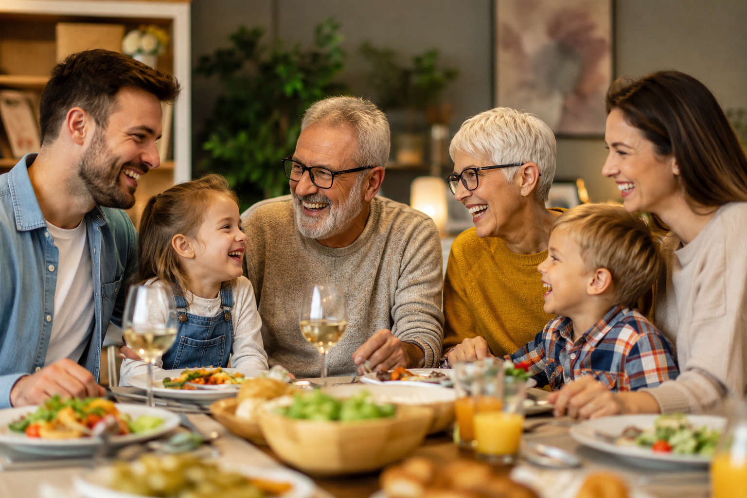 Une famille souriante réunie autour d'une table décorée pour un repas, partageant un moment joyeux en famille.