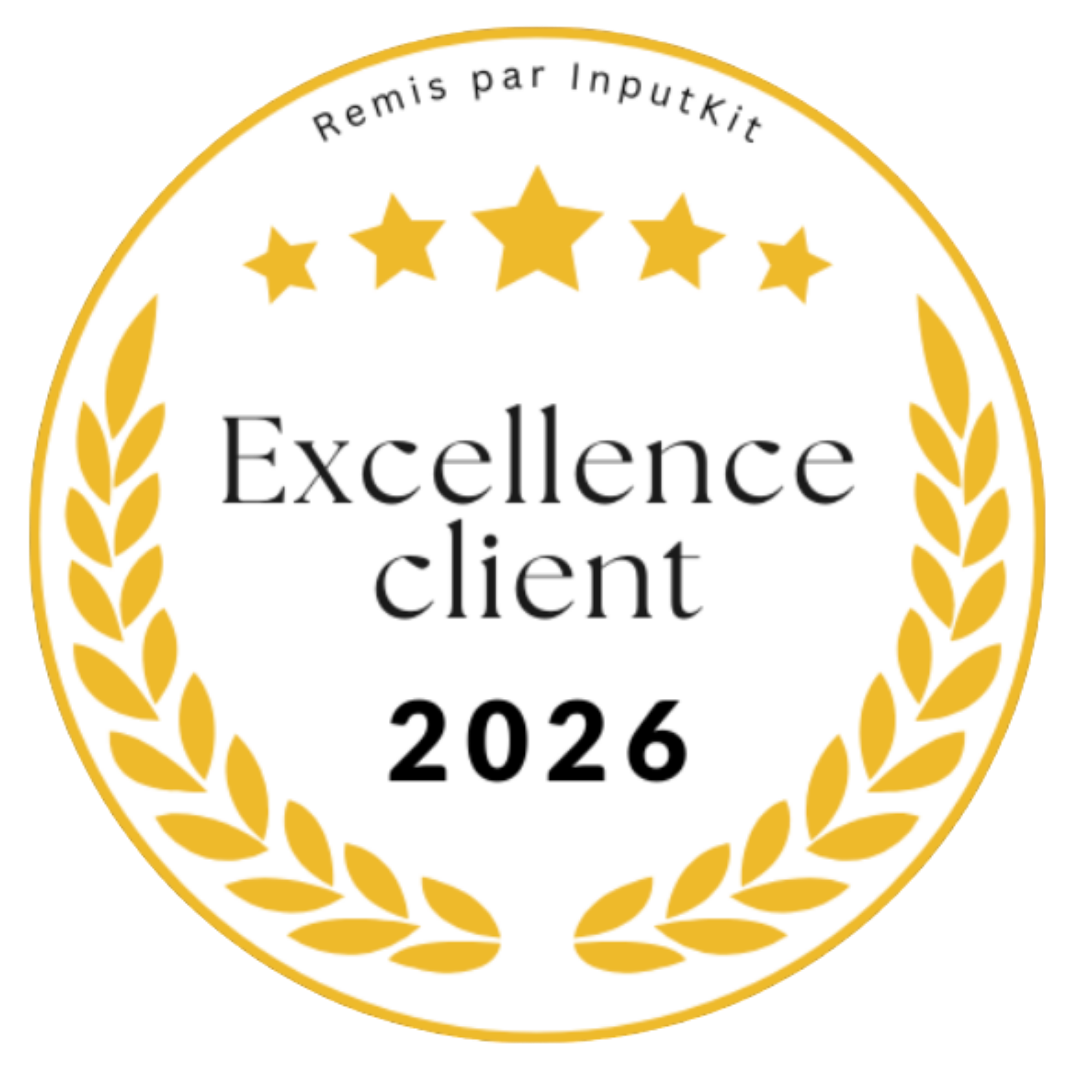 Un badge rond avec une couronne de feuilles dorées, portant la mention "Remis par Inputkit" en haut, et un texte indiquant une année, 2026, avec plusieurs étoiles dorées en haut.