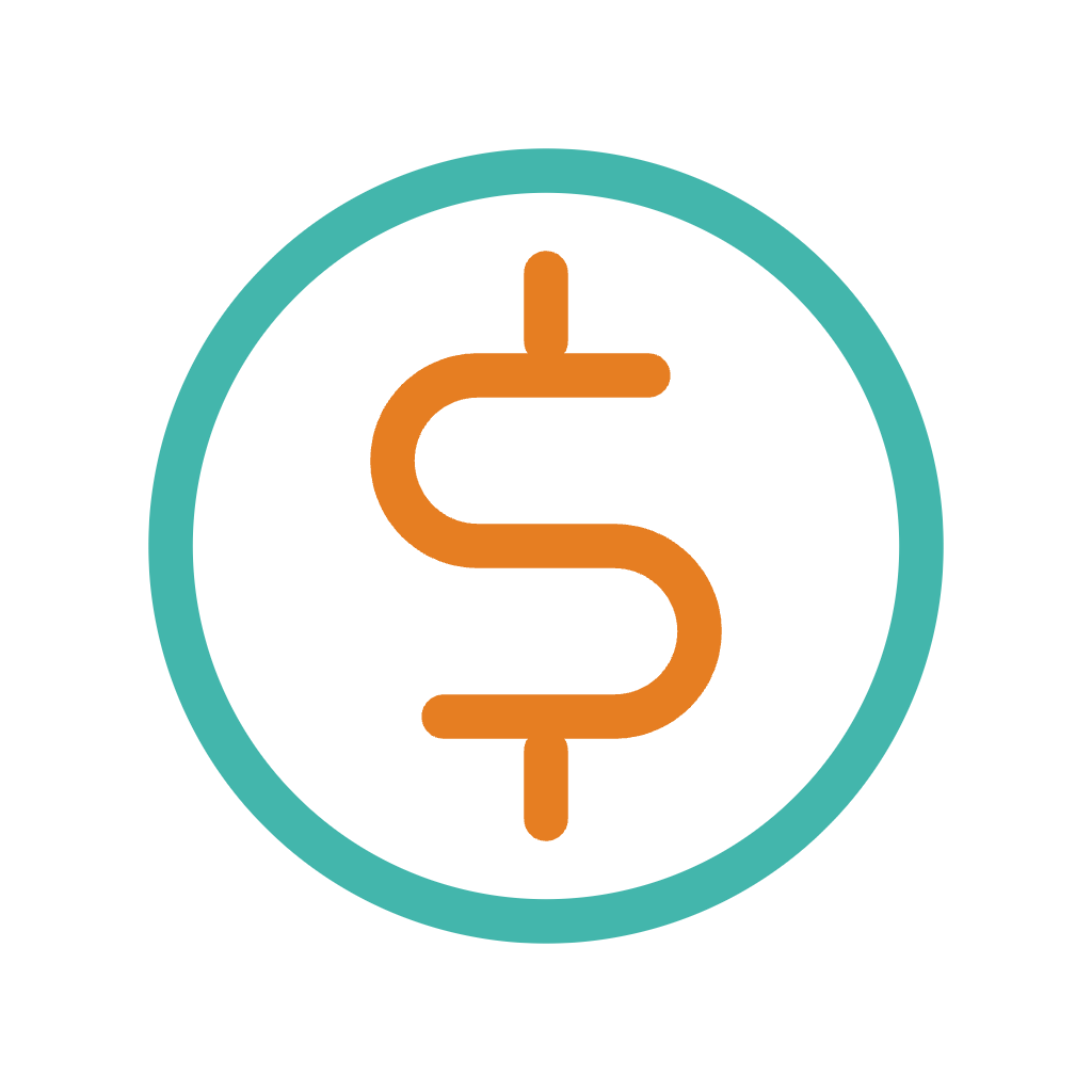 Icône représentant un symbole dollar orange dans un cercle turquoise sur fond noir.