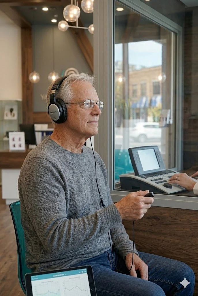 Un homme âgé portant des écouteurs pour un depistage auditif assis à l'intérieur d'un café ou d'une bibliothèque, regardant à travers une fenêtre, avec un ordinateur et une tablette devant lui.