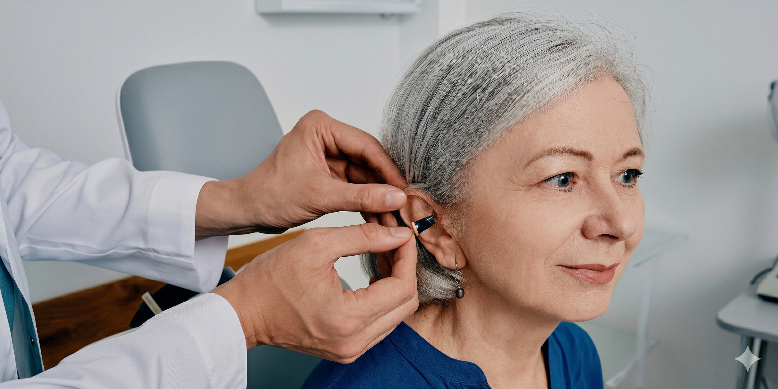Une femme âgée chez l'audiopothésiste, recevant un traitement auditif, portant une chemise bleue, cheveux gris, yeux bleus, écoute un professionnel médical lui insérer un implant auditif dans l'oreille droite.