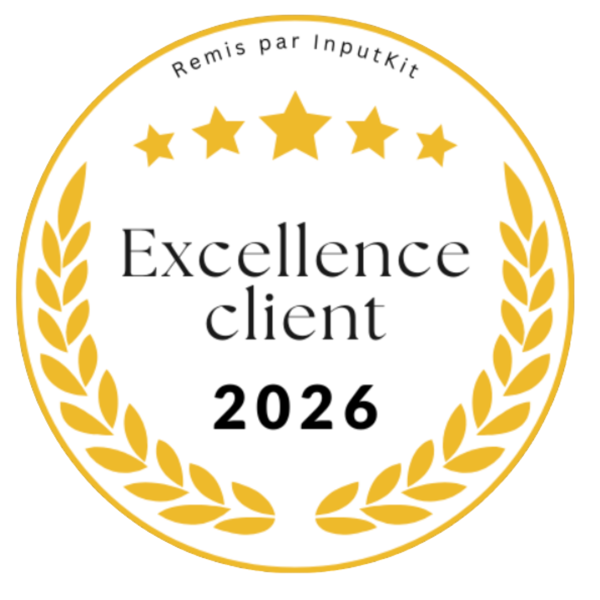 Certificat d'excellence 2026 délivré par inputkit avec une bannière de laurels dorés et cinq étoiles