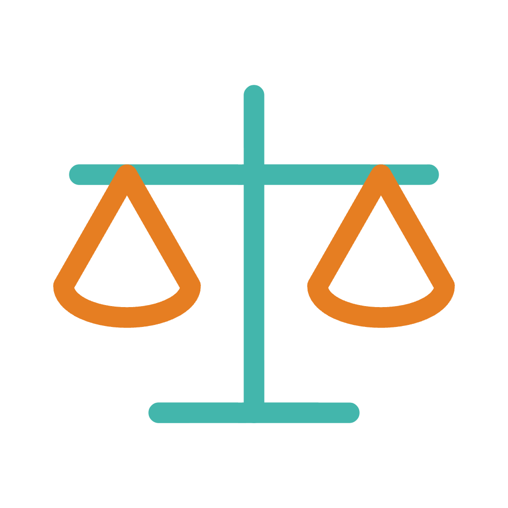 Une balance de justice stylisée avec un cadre turquoise et des plateaux orange.