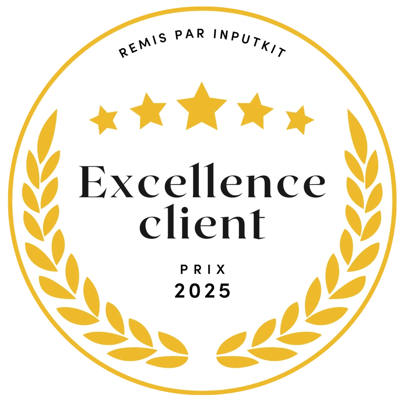 Un badge rond avec une bordure dorée, indiquant une reconnaissance d'excellence client pour 2025, avec des étoiles et une palme dorée.
