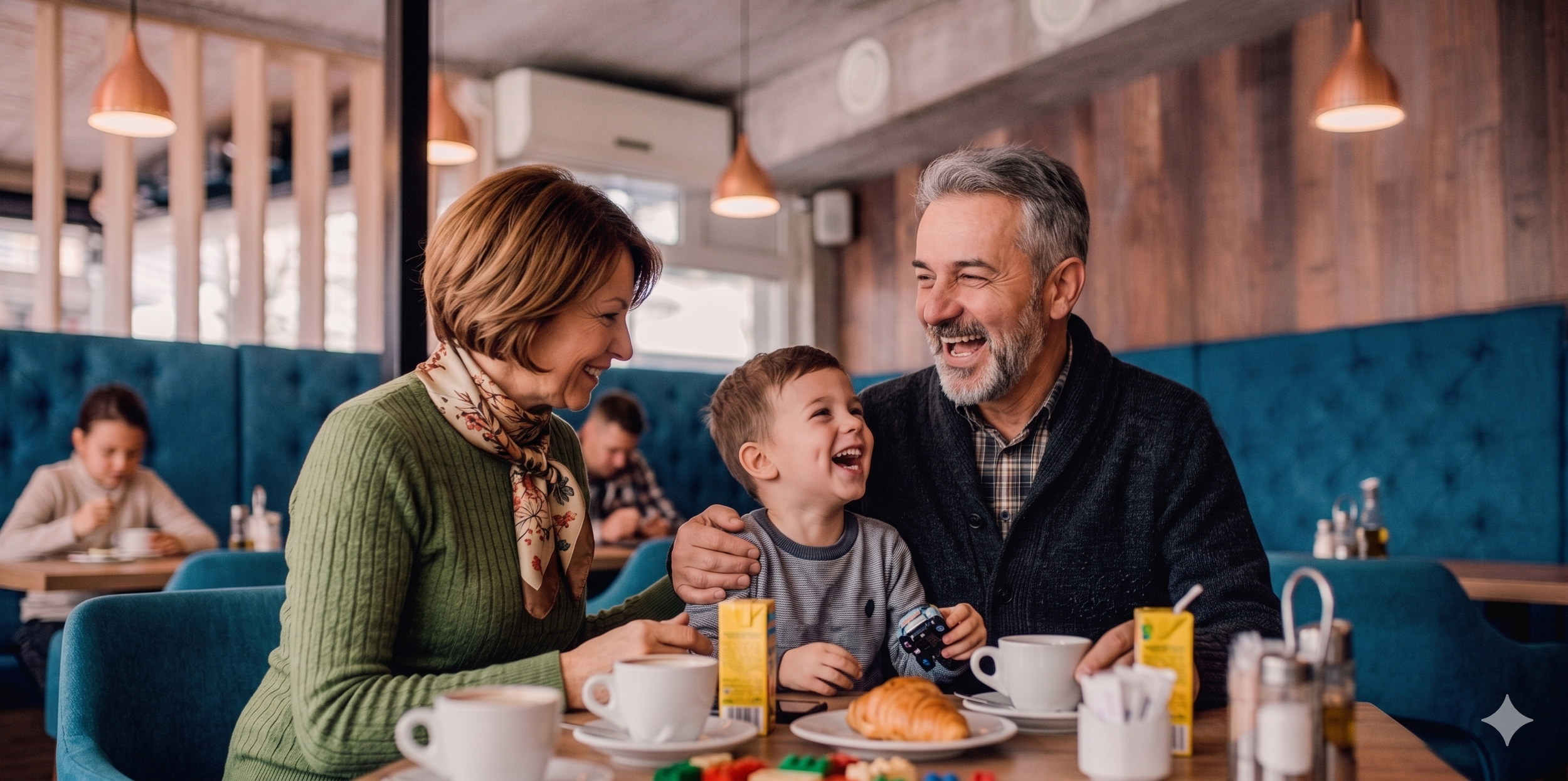 Une famille heureuse partage un moment dans un restaurant, avec un couple âgé et un jeune garçon riant ensemble à une table