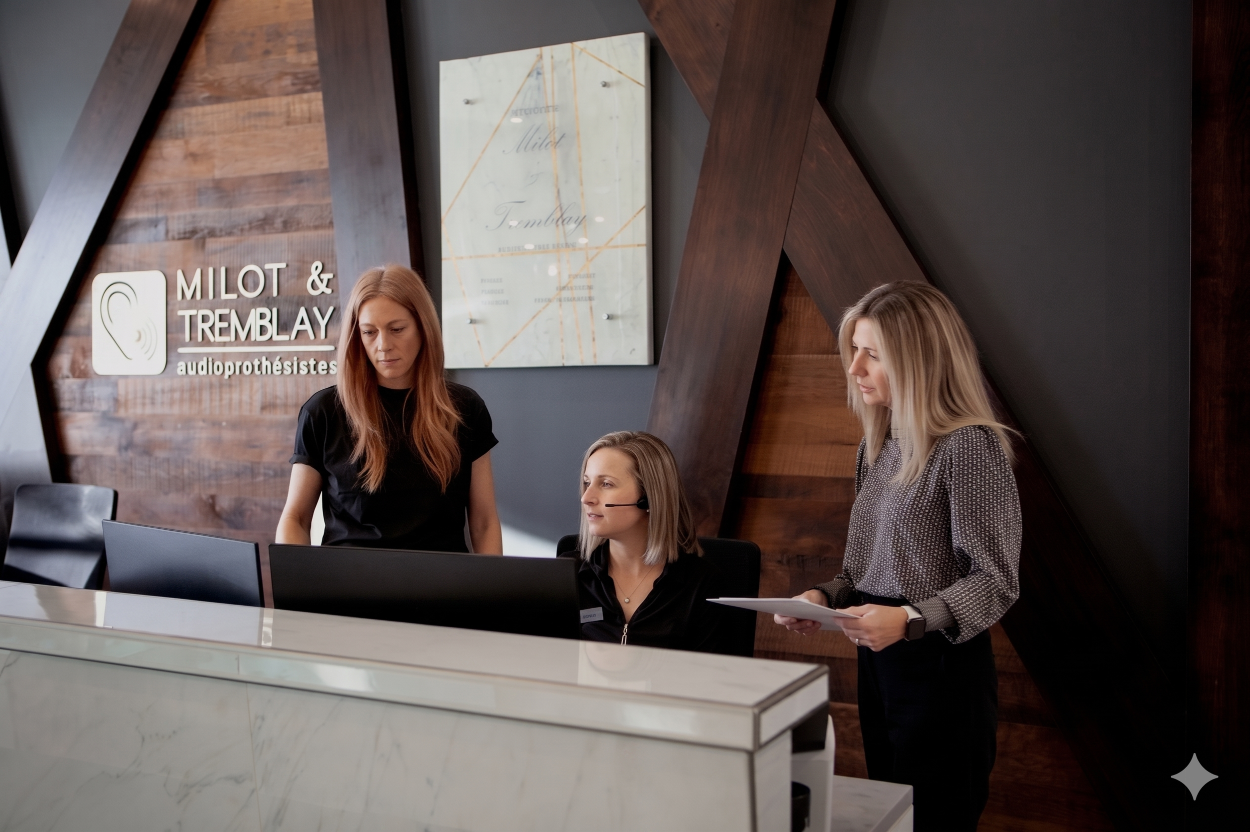 Quatre femmes dans un bureau ou un centre d'appels, avec deux d'entre elles utilisant des casques audio, travaillant devant des ordinateurs, portant des vêtements professionnels, dans un environnement moderne avec un mur en bois et une affiche du centre auditif Milot & Tremblay.