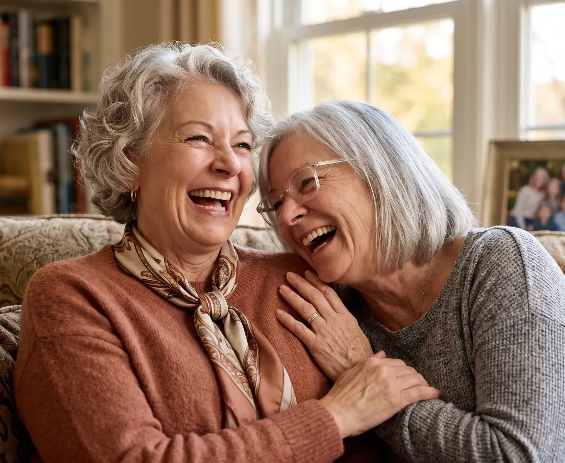Deux femmes âgées, souriantes, en train de rire et de partager un moment joyeux dans un intérieur lumineux. Elles ont des appareils auditifs pour mieux entendre