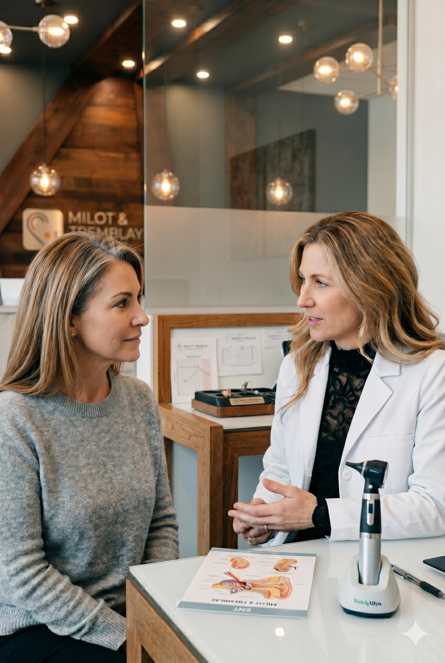 Une femme en blouse blanche discute avec une autre femme dans un cabinet médical, avec un diagramme anatomique de l'oreille sur la table et un otoscope à portée de main.