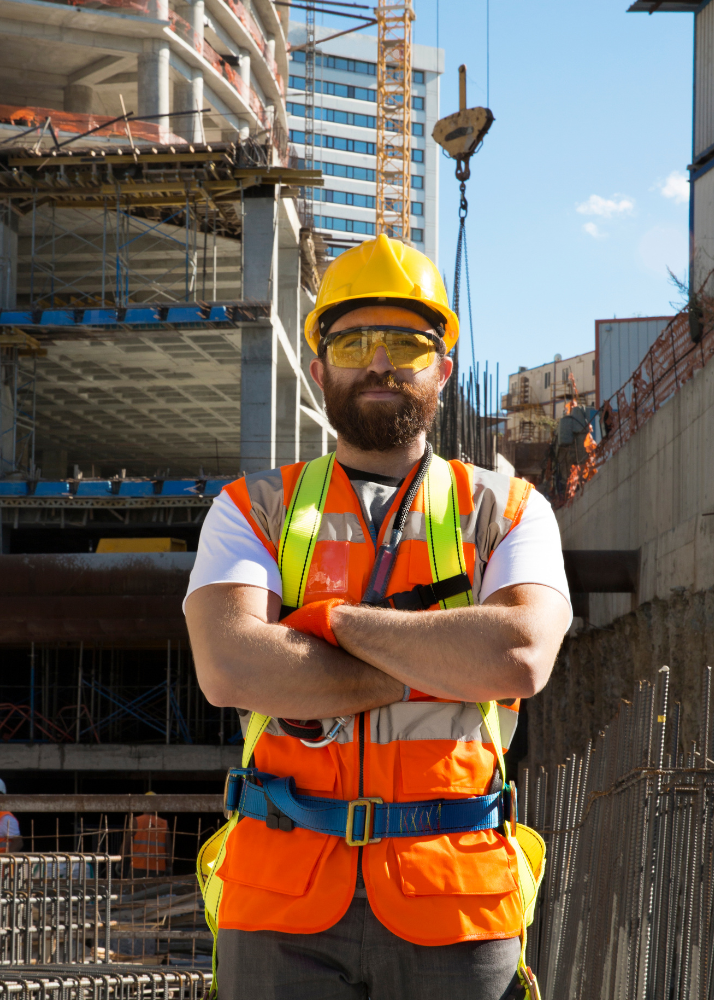Un ouvrier avec un casque jaune, lunettes de protection, gilet de sécurité orange et veste réfléchissante, posant devant un chantier de construction. Il bénéficie du programme cnesst perte auditive